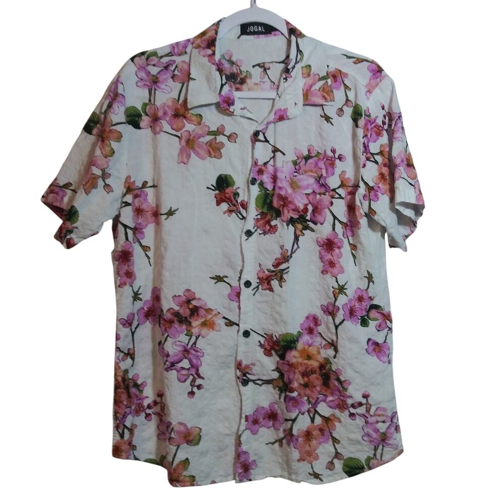 JOGAL Men's Hawaiian Shirt Short Sleeve Button Down Shirts Size L